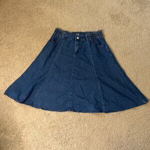 VTG Womens Denim Panel Midi Skirt L Blue Medium Wash Y2K‎ Modest Pockets